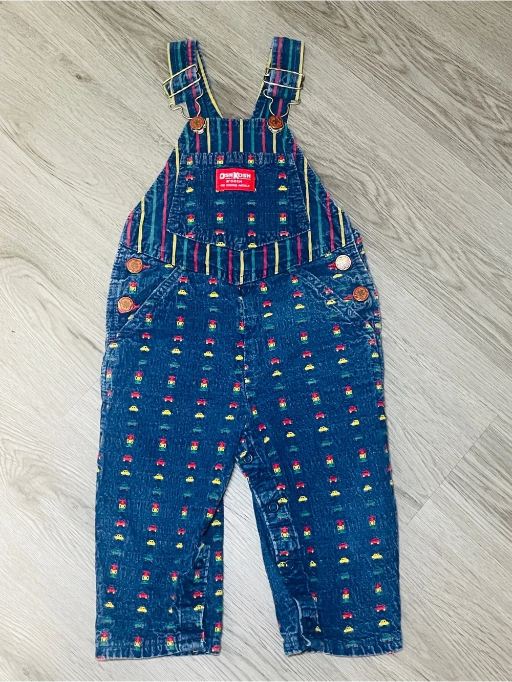 Vintage OshKosh B’gosh Colorful Novelty Print Overalls 2T Trucks Cars Stripes